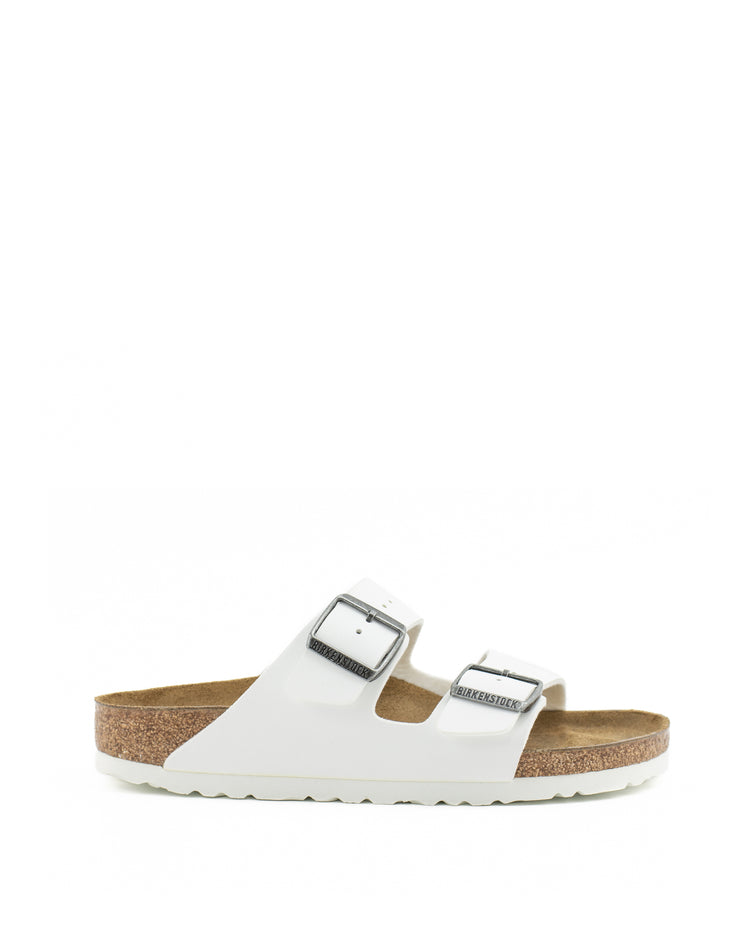 Birkenstock — Arizona Birko Flor - White/Antique Nickel Buckles Narrow Width