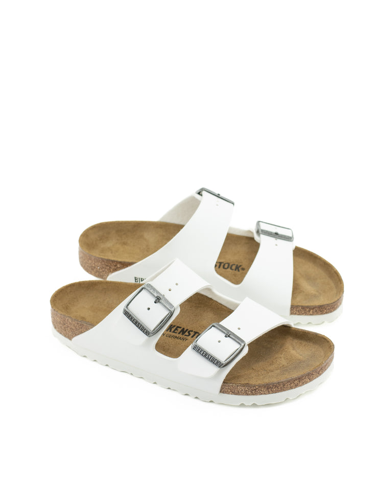 Birkenstock — Arizona Birko Flor - White/Antique Nickel Buckles Narrow Width